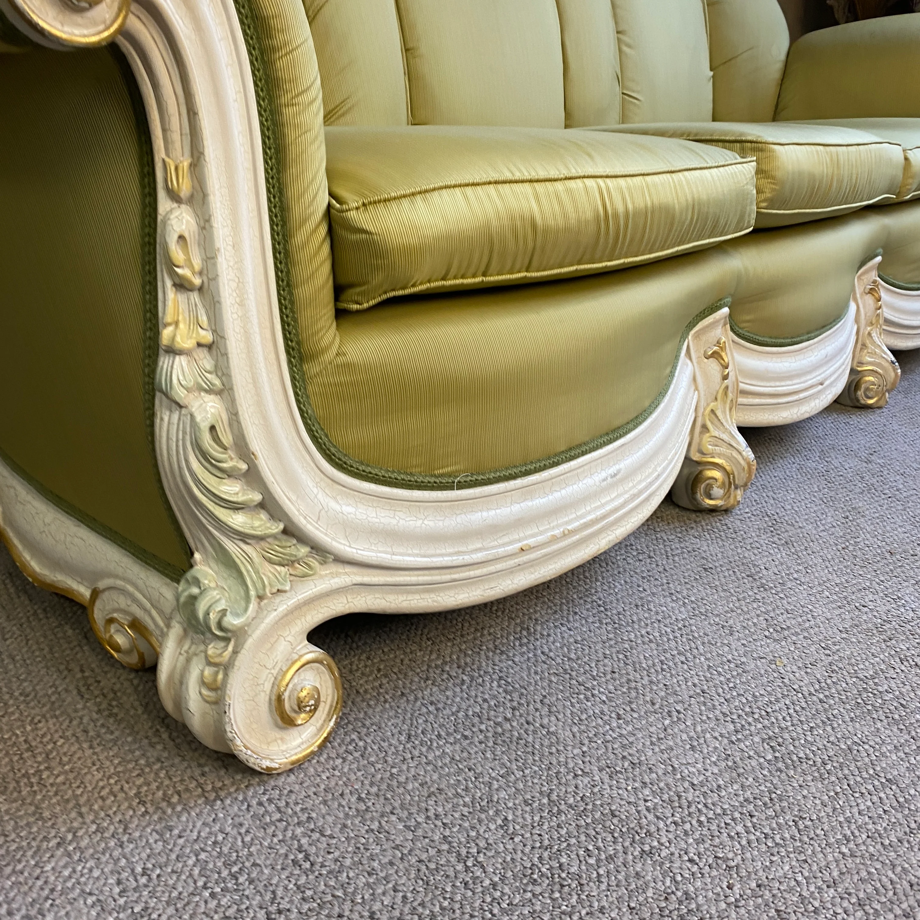 Barock Sofa 3-Sitzer Grün mit Holzschnitzereien – Elegante Vintage Couch gebraucht - Image 3