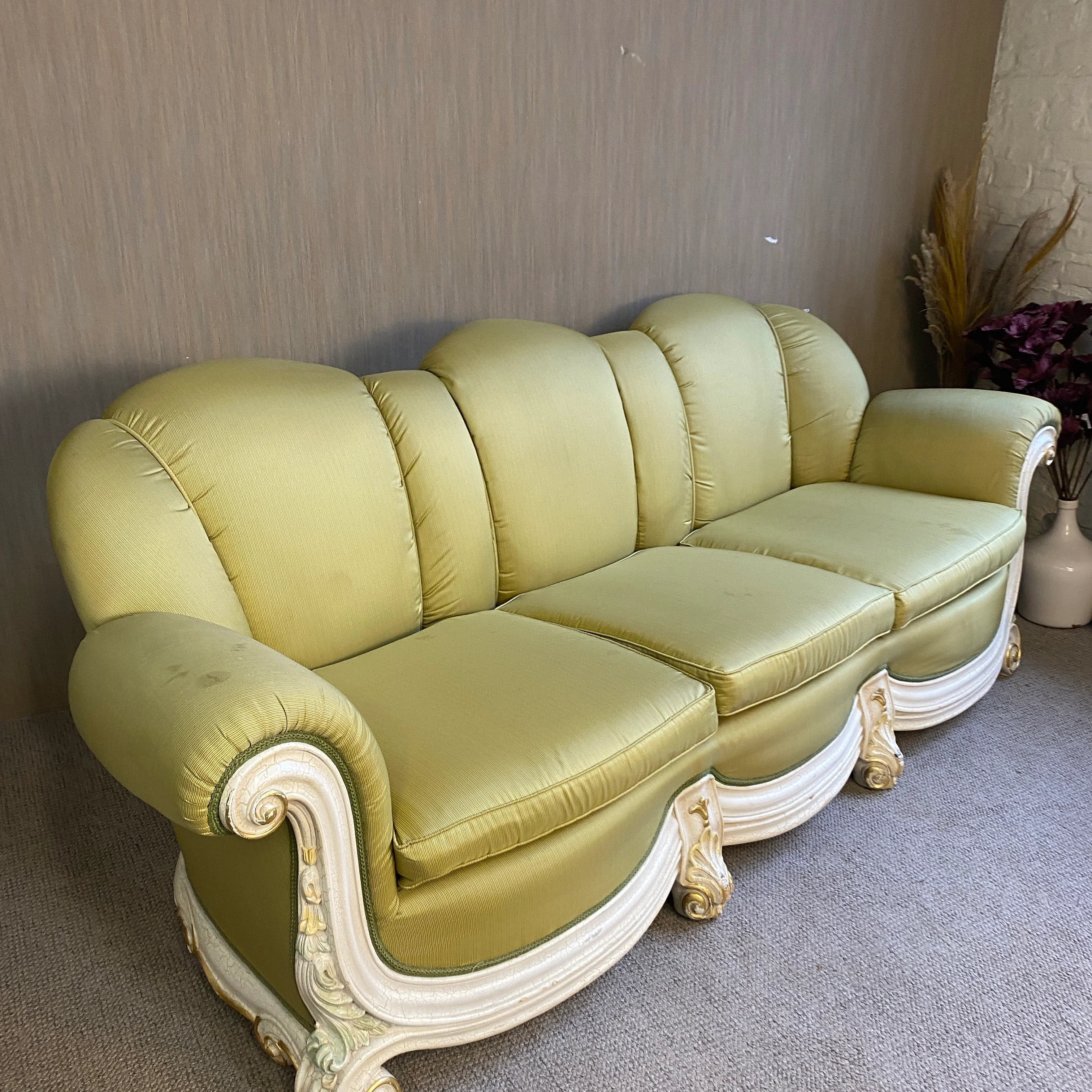 Barock Sofa 3-Sitzer Grün mit Holzschnitzereien – Elegante Vintage Couch gebraucht - Image 6
