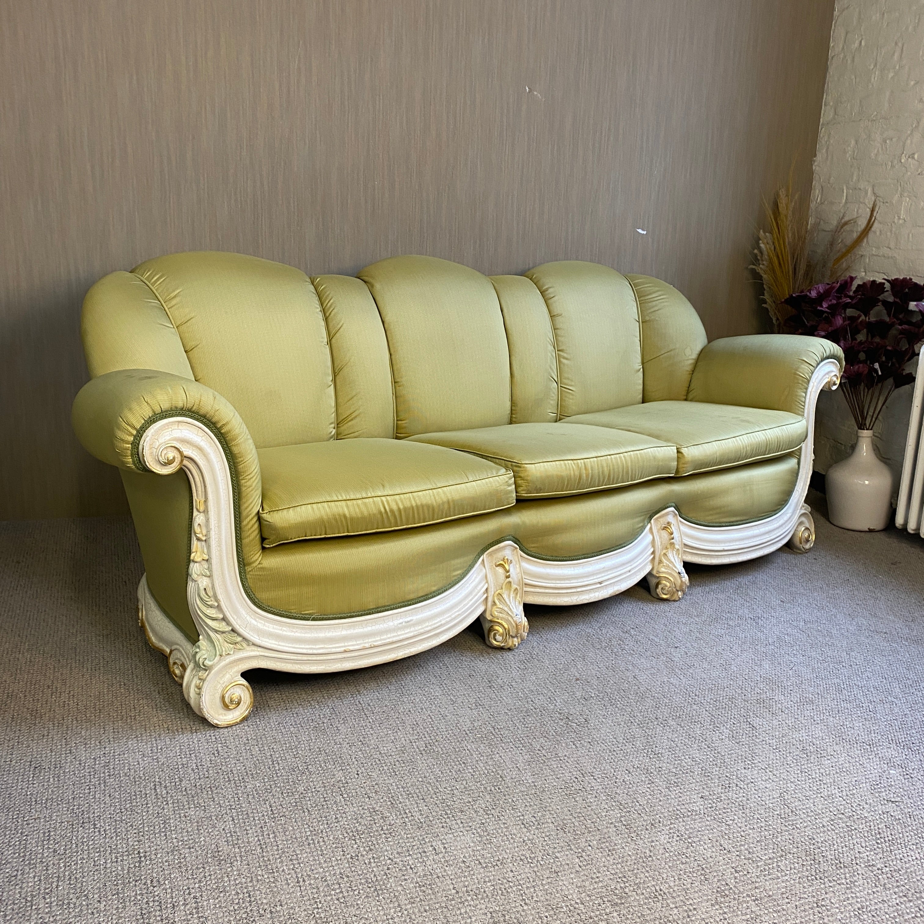 Barock Sofa 3-Sitzer Grün mit Holzschnitzereien – Elegante Vintage Couch gebraucht - Image 7