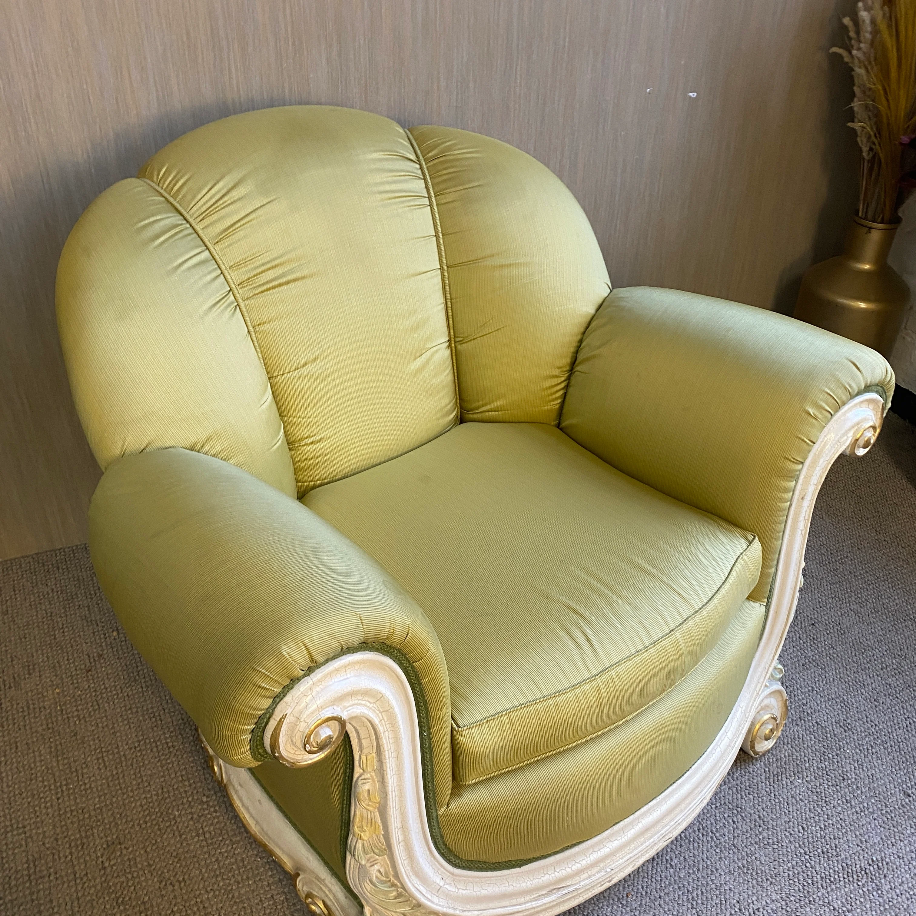 Barock Sessel Grün mit Holzschnitzereien – Opulenter Vintage Polstersessel gebraucht - Image 3