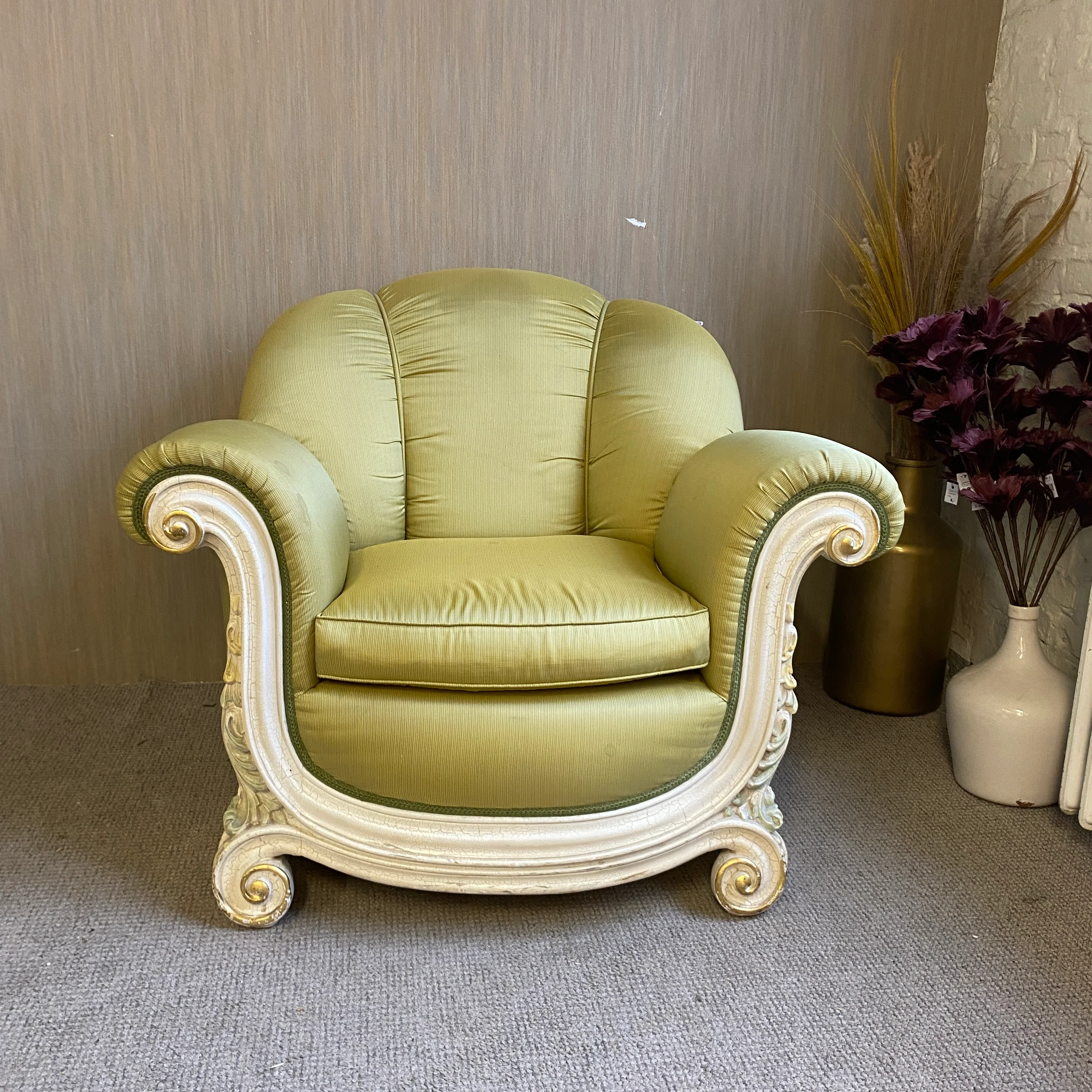Barock Sessel Grün mit Holzschnitzereien – Opulenter Vintage Polstersessel gebraucht - Image 6