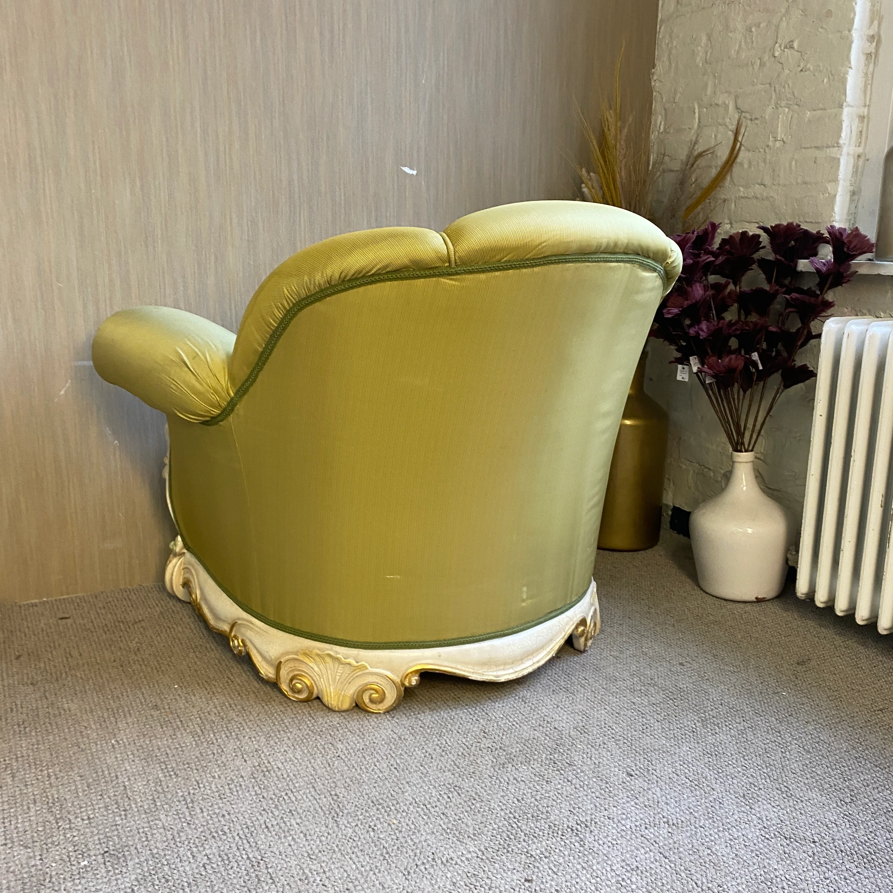 Barock Sessel Grün mit Holzschnitzereien – Opulenter Vintage Polstersessel gebraucht - Image 7