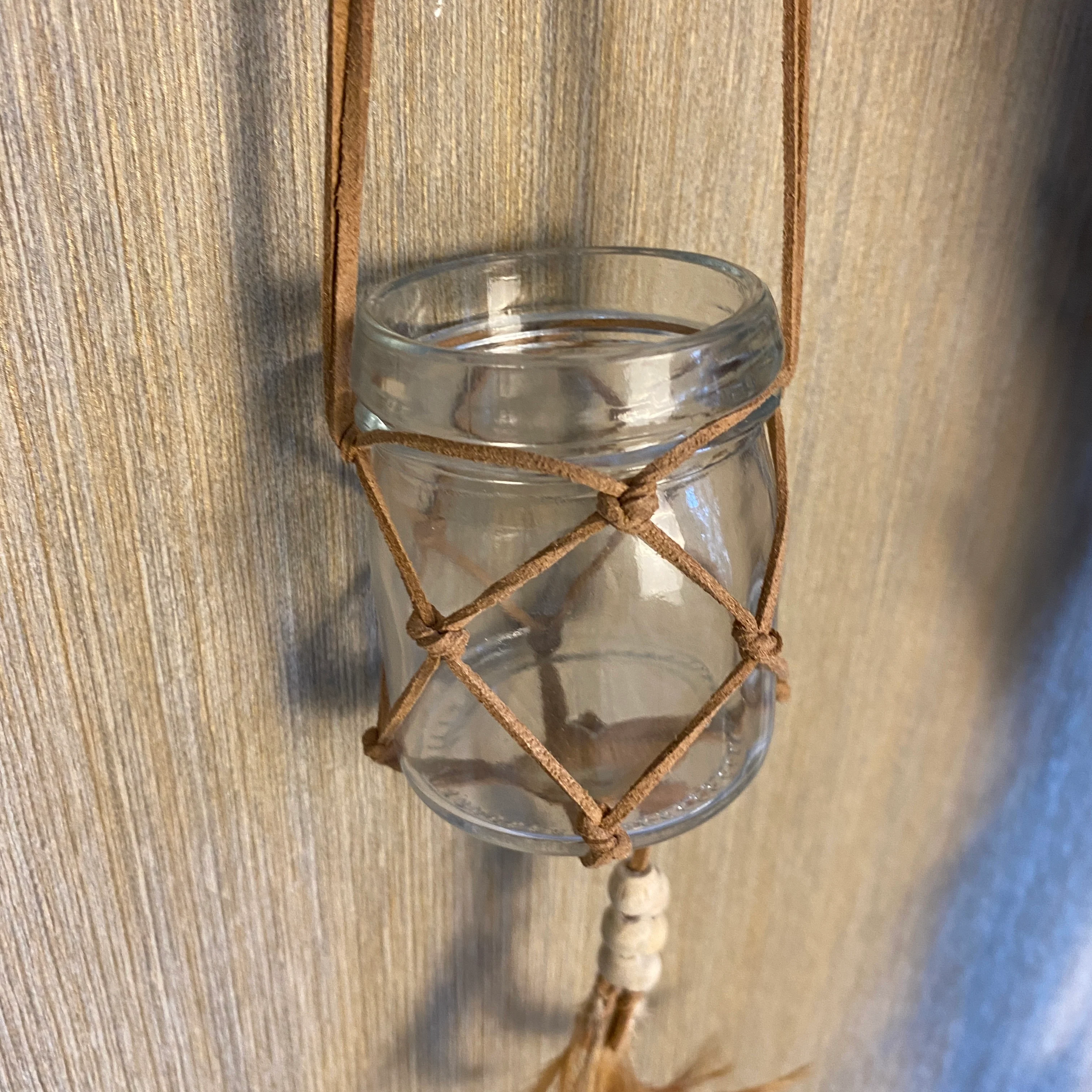 Teelichthalter Lederanhänger Boho 60cm hellbraun Deko - Image 3